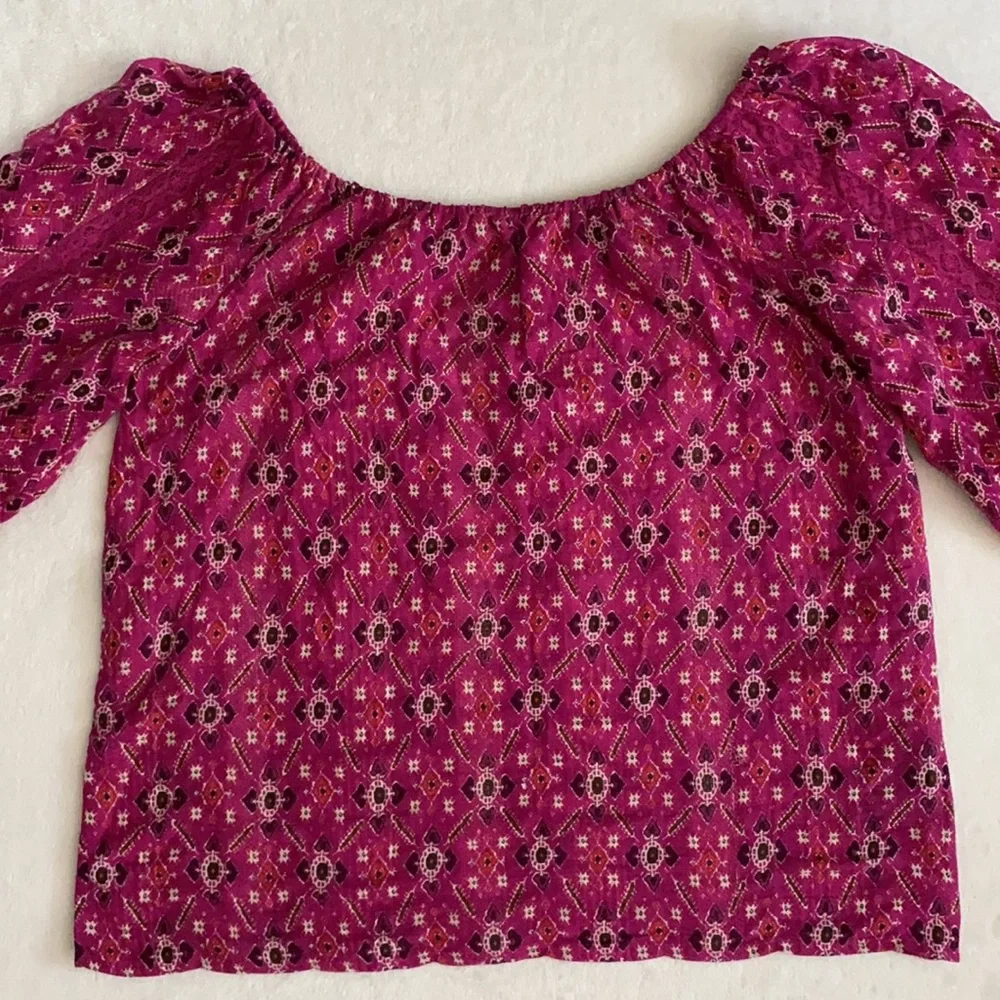 Anthropologie | Block Print Off-The-Shoulder 3/4 Length Sleeve Top Pink (XS) - Picture 5 of 15